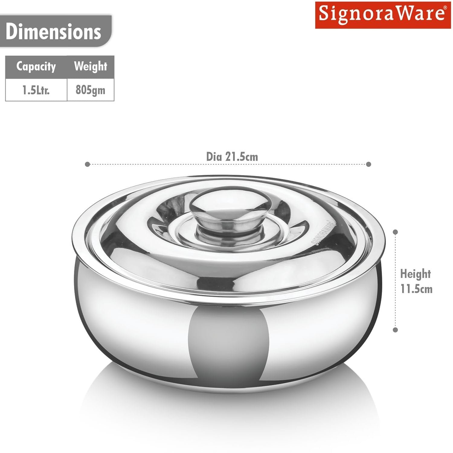 Signoraware Casserole Serving Bowl Container with Coaster, Insulated Stainless Steel with Insulated Steel Lid | Stainless Steel Casserole (1500ml) - Image 3