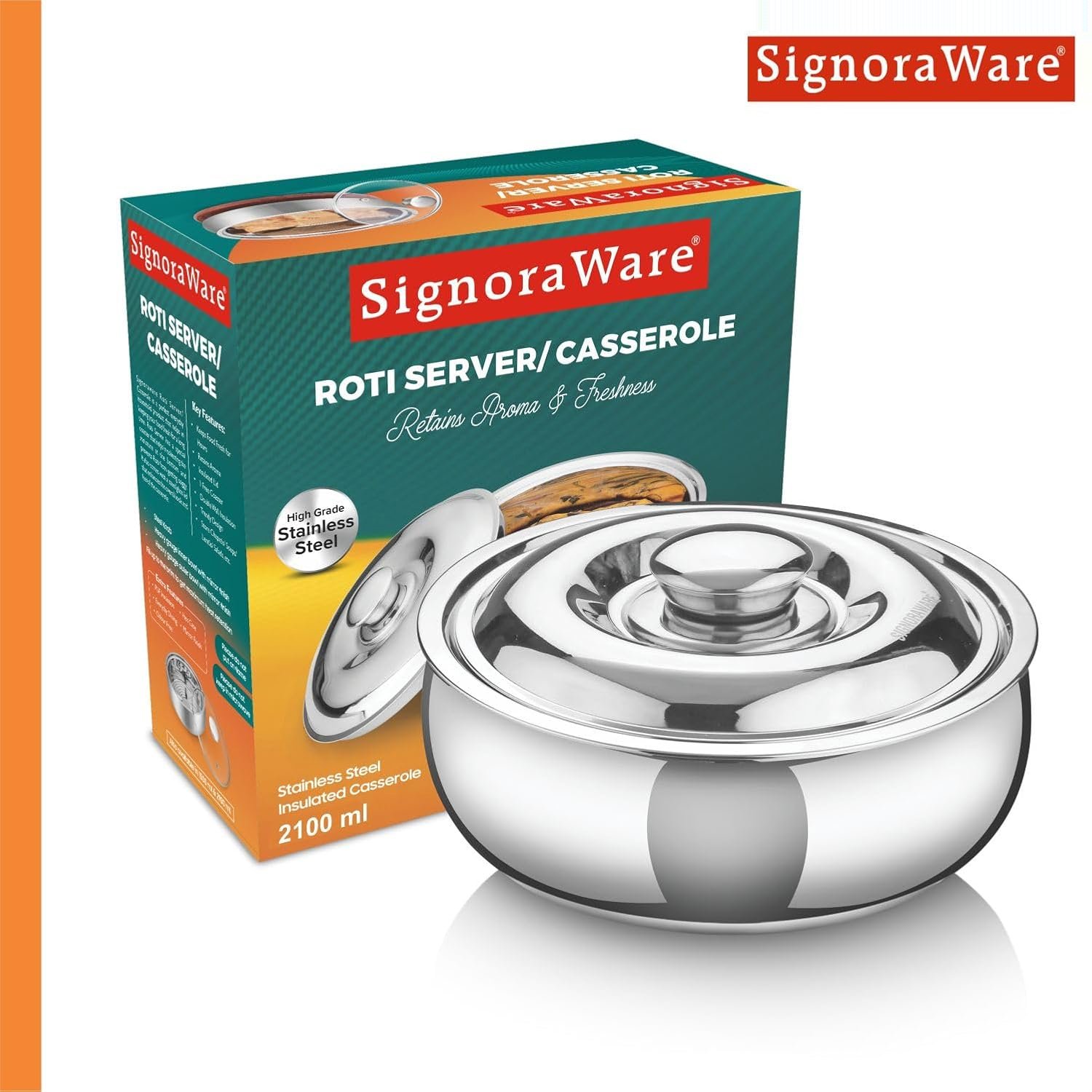 Signoraware Casserole Serving Bowl Container with Coaster, Insulated Stainless Steel with Insulated Steel Lid | Stainless Steel Casserole (2100ml) - Image 12