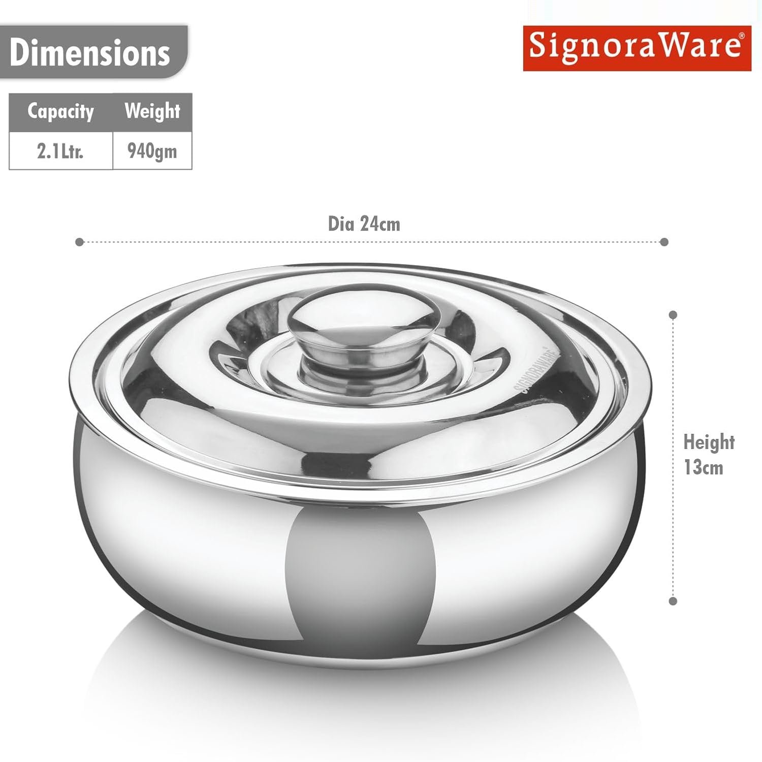 Signoraware Casserole Serving Bowl Container with Coaster, Insulated Stainless Steel with Insulated Steel Lid | Stainless Steel Casserole (2100ml) - Image 3