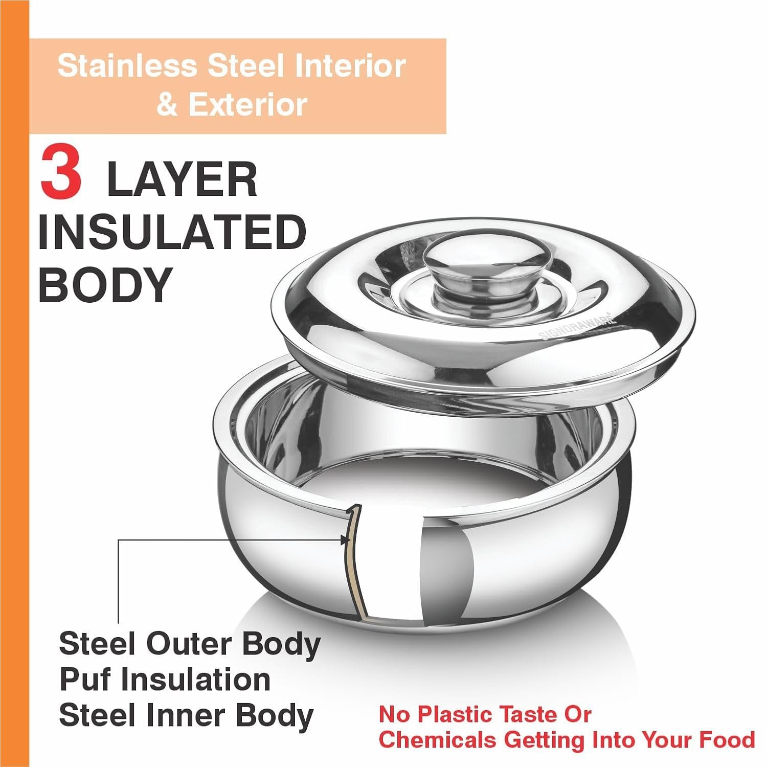 Signoraware Casserole Serving Bowl Container with Coaster, Insulated Stainless Steel with Insulated Steel Lid | Stainless Steel Casserole (2100ml) - Image 10