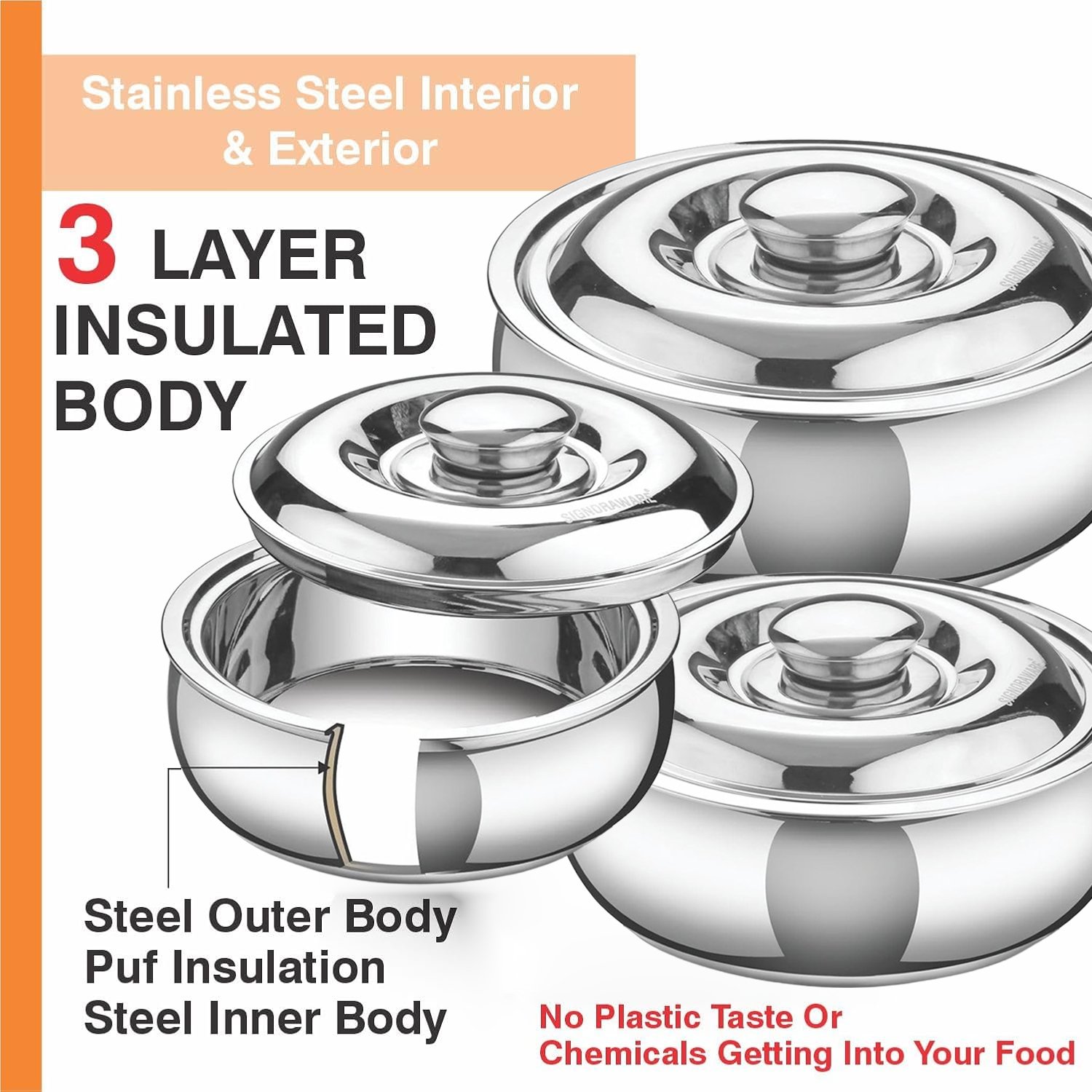 Signoraware Casserole Serving Bowl Container with Coaster Set - 3 Piece Insulated Hot Pot Set (1000ml, 1500ml & 2100ml) - Image 9