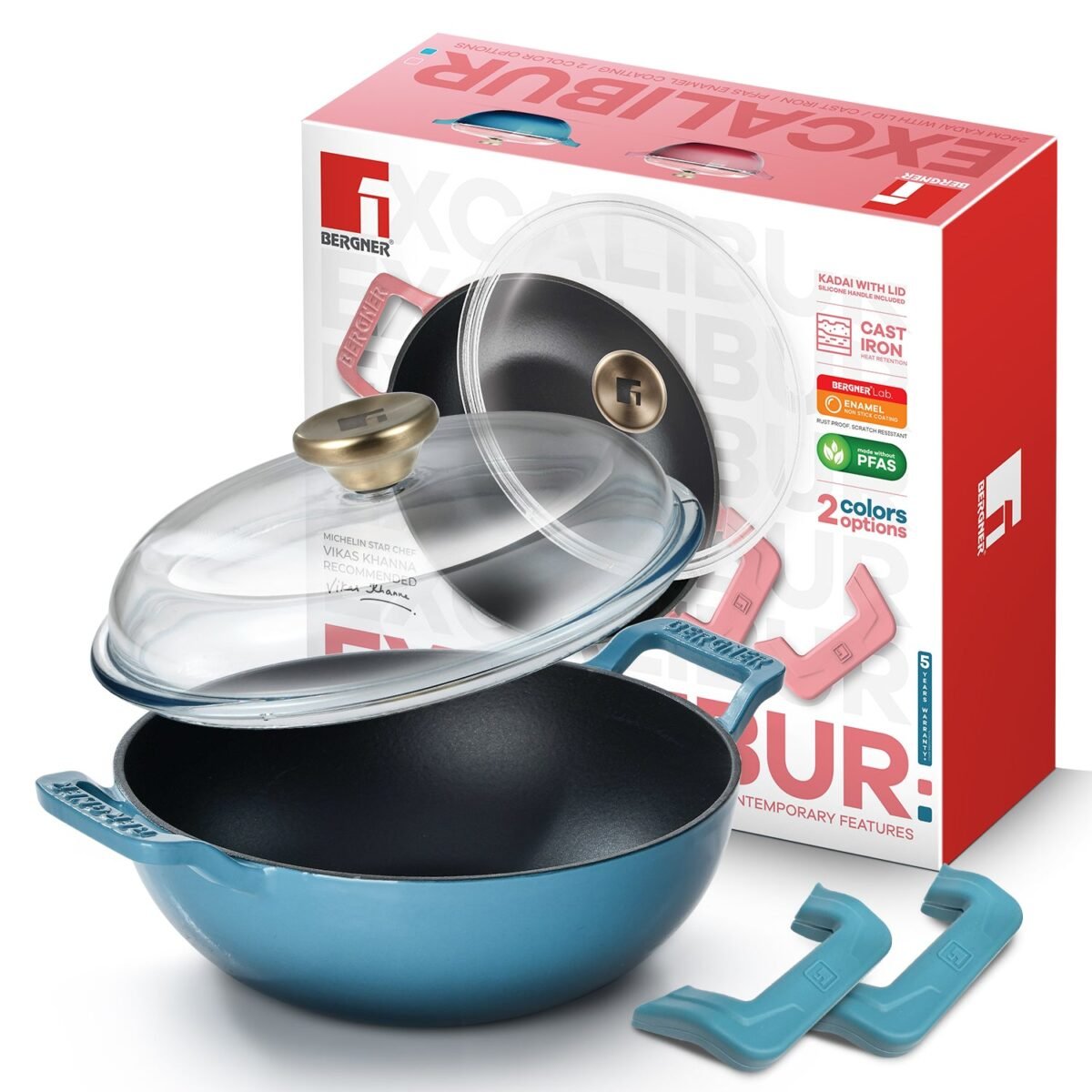 Excalibur Light Cast Iron 24cm (2.5L) Kadai with Lid - Induction Bottom, Blue