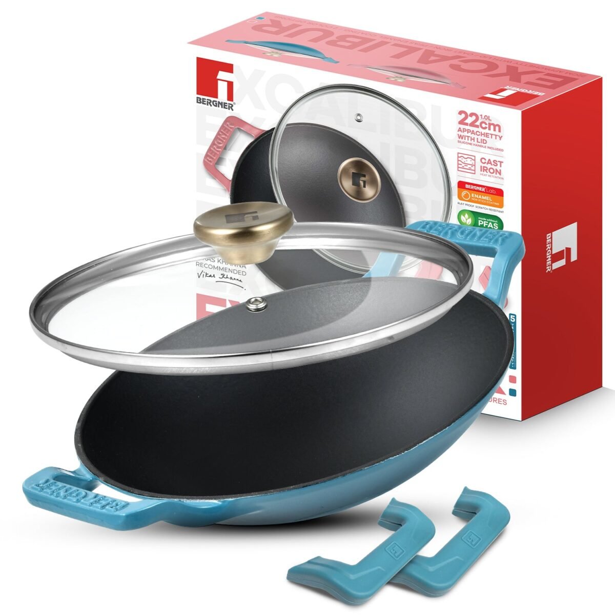 Excalibur Light Cast Iron 22cm (1L) Appachetty with Lid - Induction Bottom, Blue