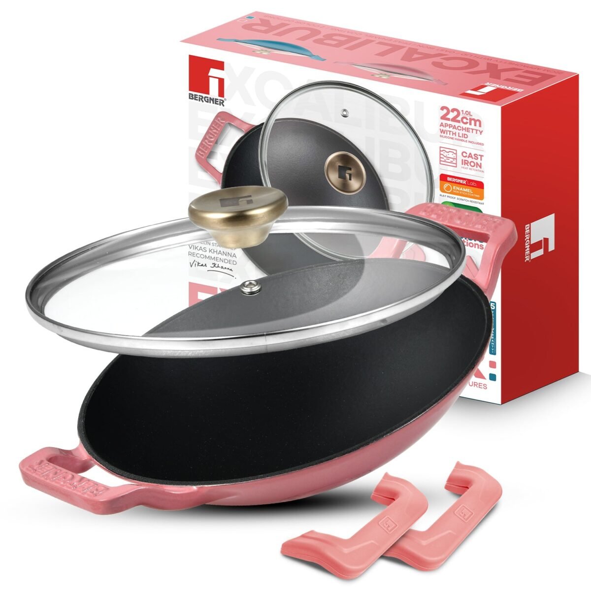 Excalibur Light Cast Iron 22cm (1L) Appachetty with Lid - Induction Bottom, Pink