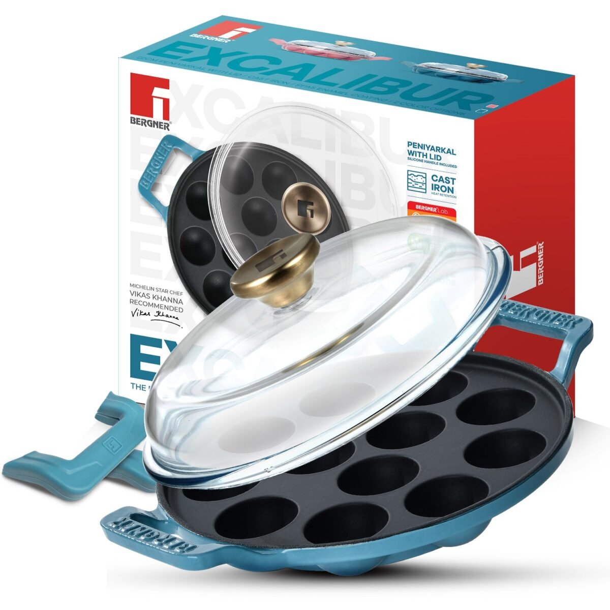 Excalibur Light Cast Iron 22cm Paniyarakal with Lid - Induction Bottom, Blue