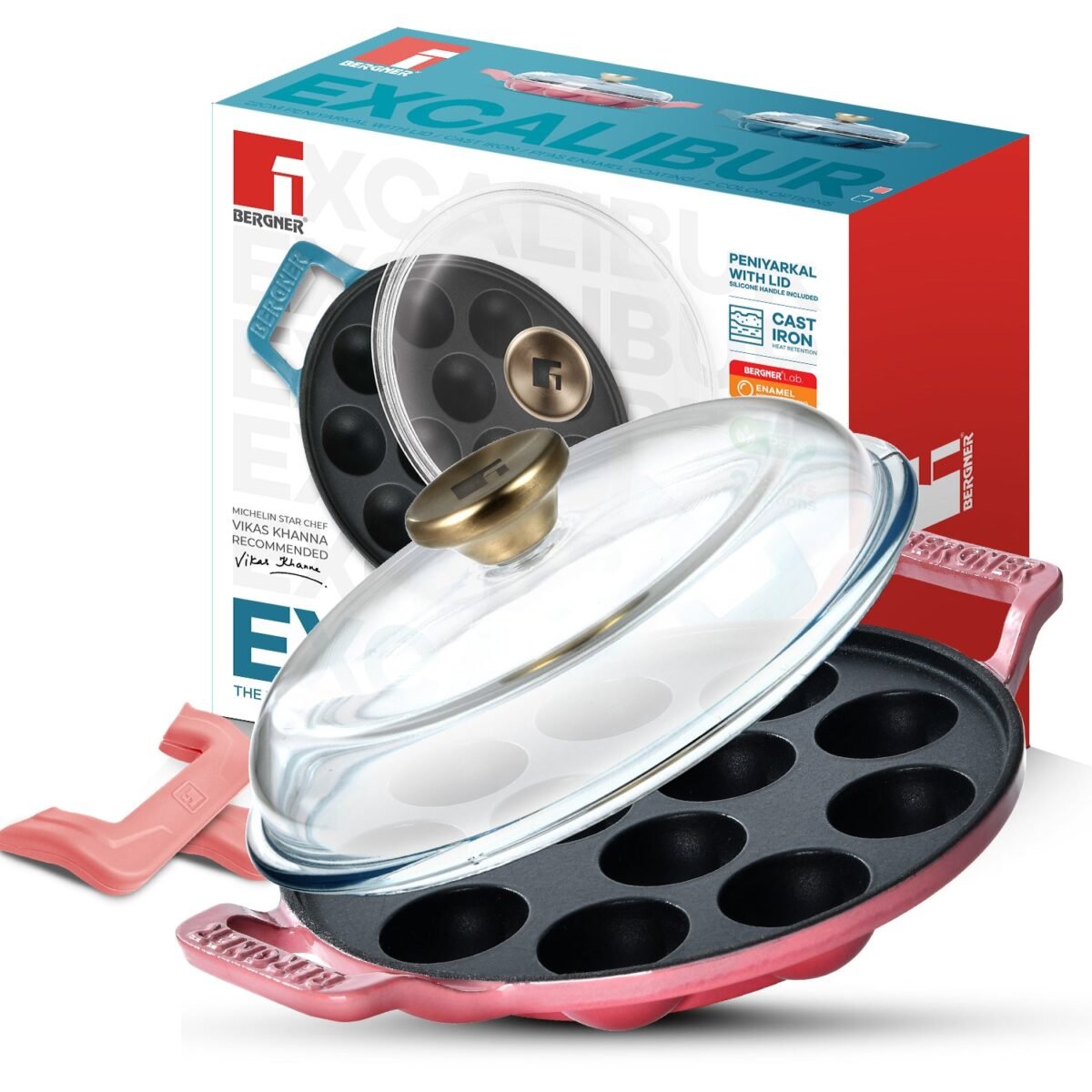 Excalibur Light Cast Iron 22cm Paniyarakal with Lid - Induction Bottom, Pink