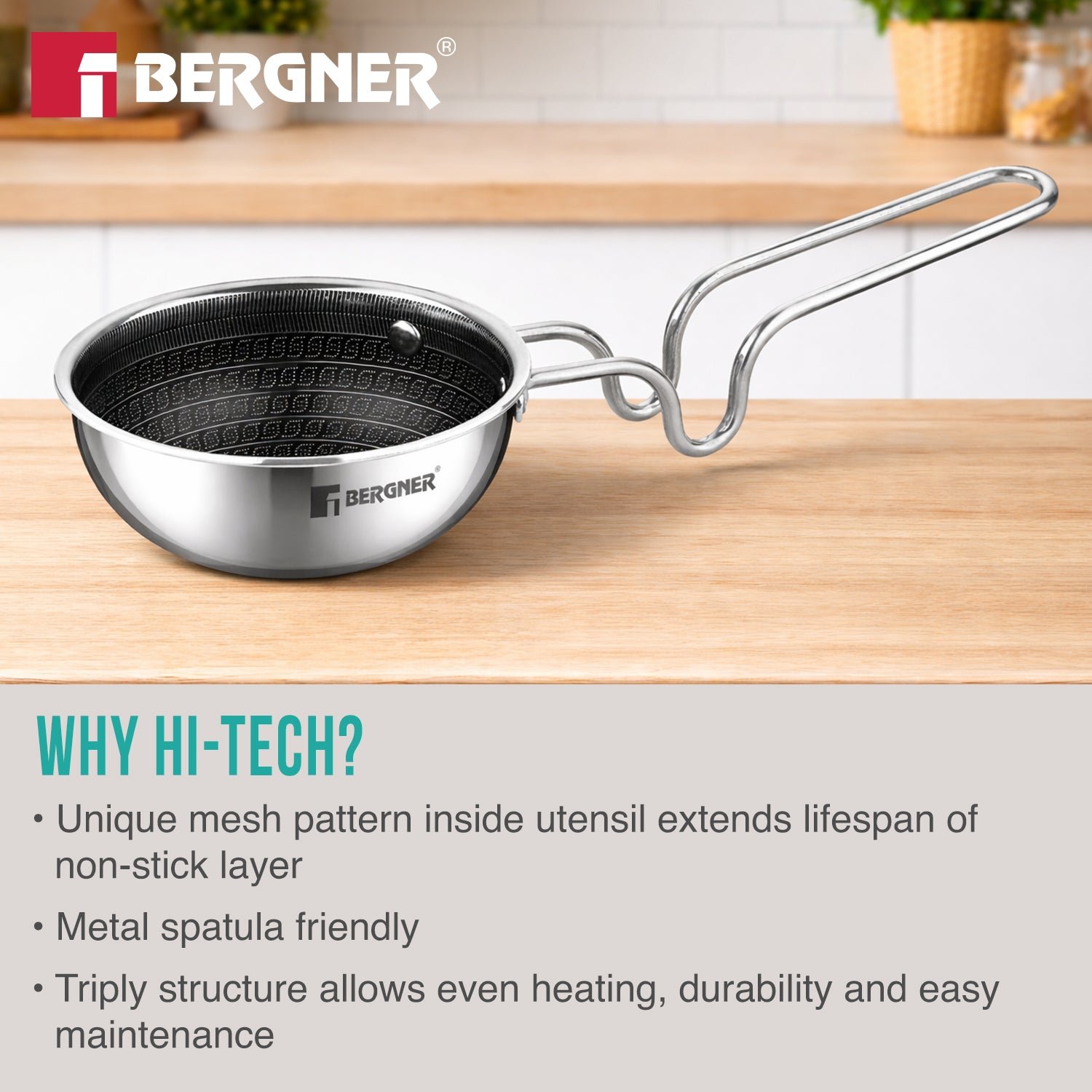 Bergner Hitech Giro Triply Stainless Steel Tadka Pan 12cm - Image 5