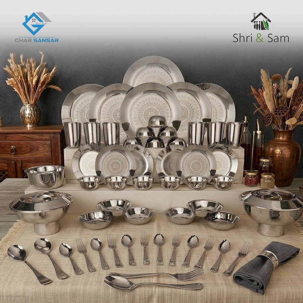 Stainless Steel 64 PCS Laser Dinner Set (6 People) - Silver
