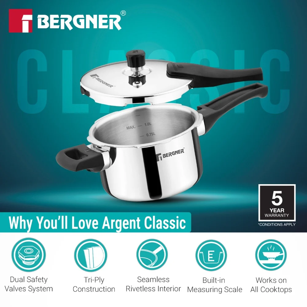 Bergner Argent Classic Triply Pressure Cooker 1.5L | Stainless Steel Cooker - Image 5