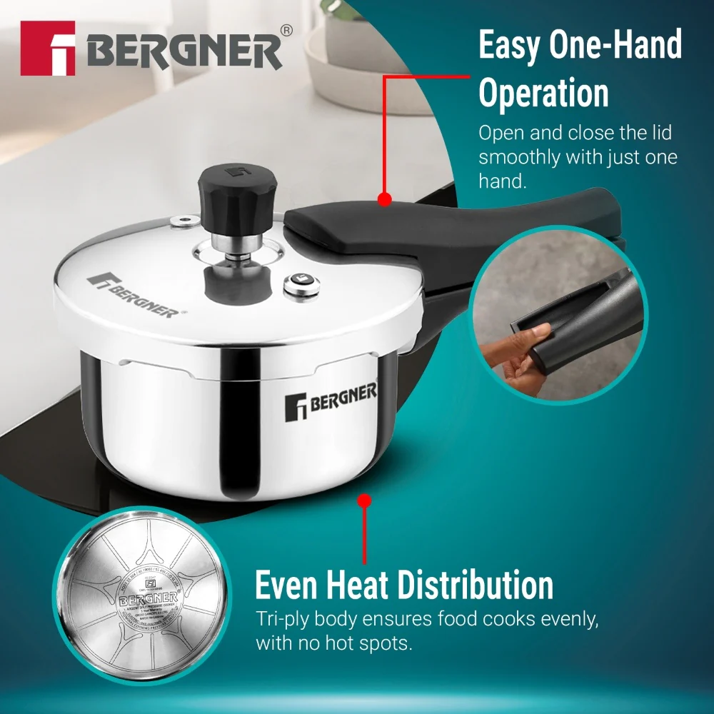 Bergner Argent Classic Triply Pressure Cooker 1L | Stainless Steel Outer Lid Cooker - Image 2
