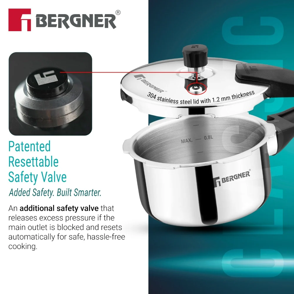 Bergner Argent Classic Triply Pressure Cooker 1L | Stainless Steel Outer Lid Cooker - Image 3