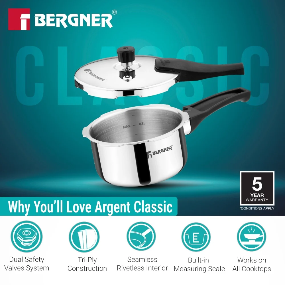 Bergner Argent Classic Triply Pressure Cooker 1L | Stainless Steel Outer Lid Cooker - Image 5