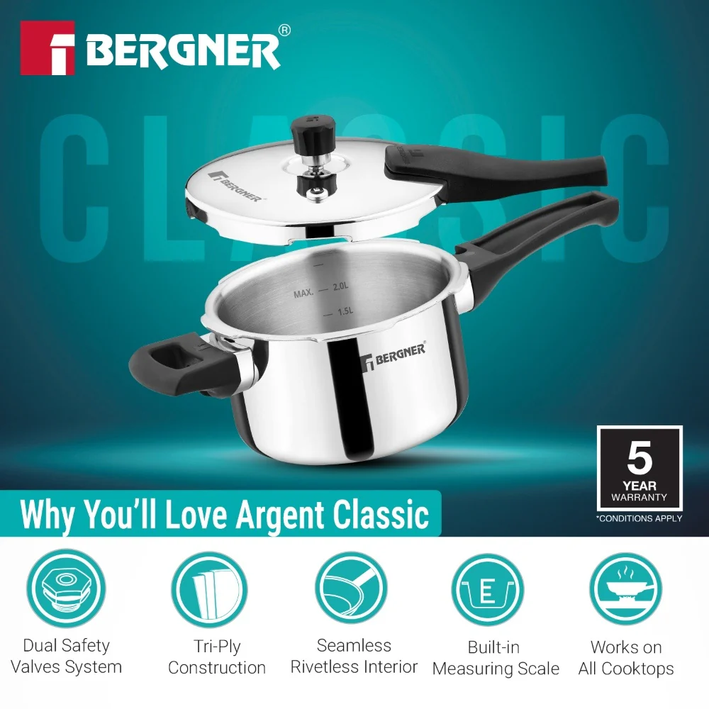 Bergner Argent Classic Triply Pressure Cooker 2.5L | Induction Compatible Cooker - Image 2