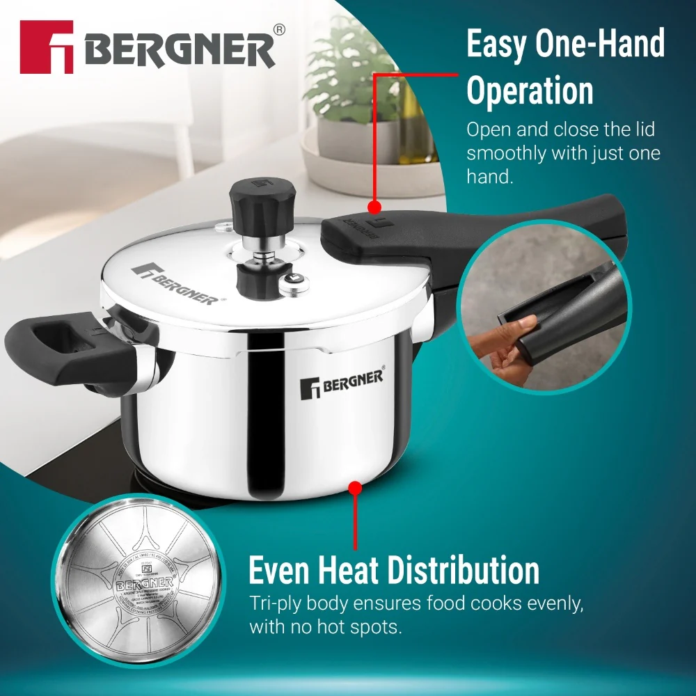 Bergner Argent Classic Triply Pressure Cooker 2.5L | Induction Compatible Cooker - Image 4