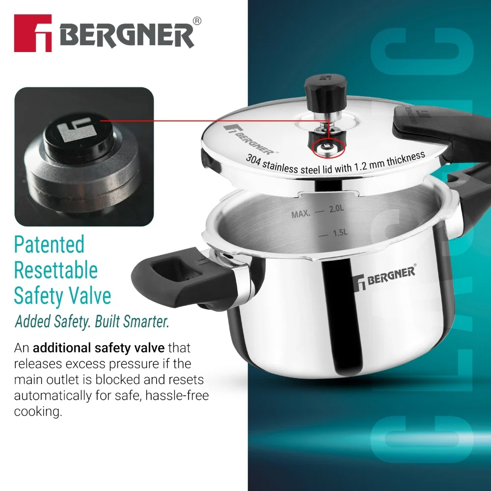 Bergner Argent Classic Triply Pressure Cooker 2.5L | Induction Compatible Cooker - Image 6