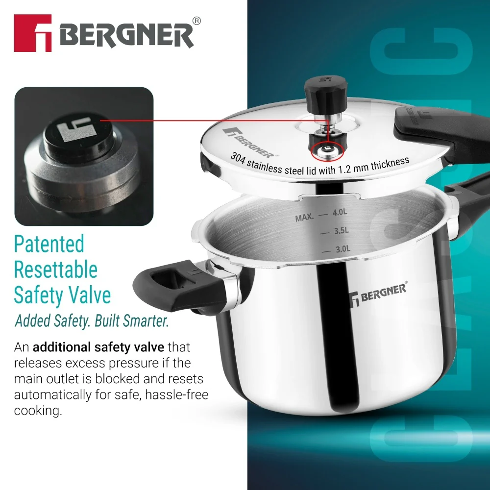 Bergner Argent Classic Triply Pressure Cooker 5.5L | Large Capacity Cooker - Image 2