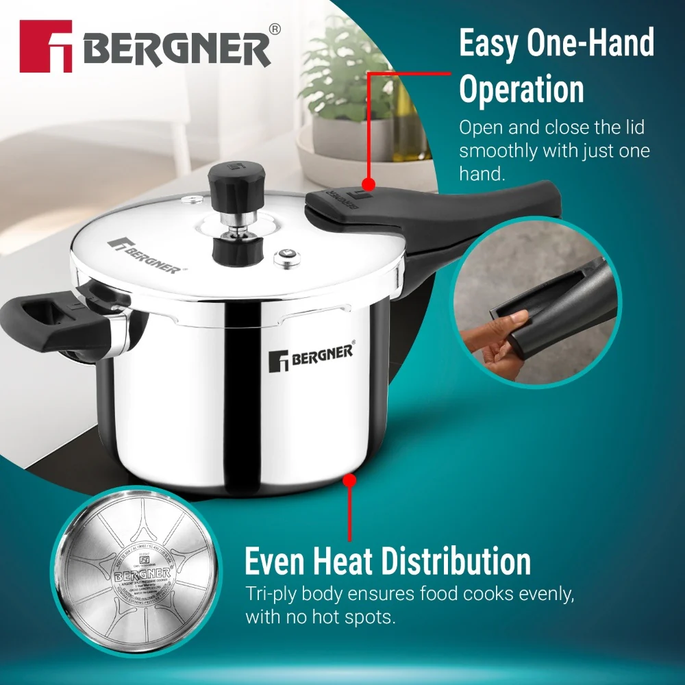 Bergner Argent Classic Triply Pressure Cooker 5.5L | Large Capacity Cooker - Image 3