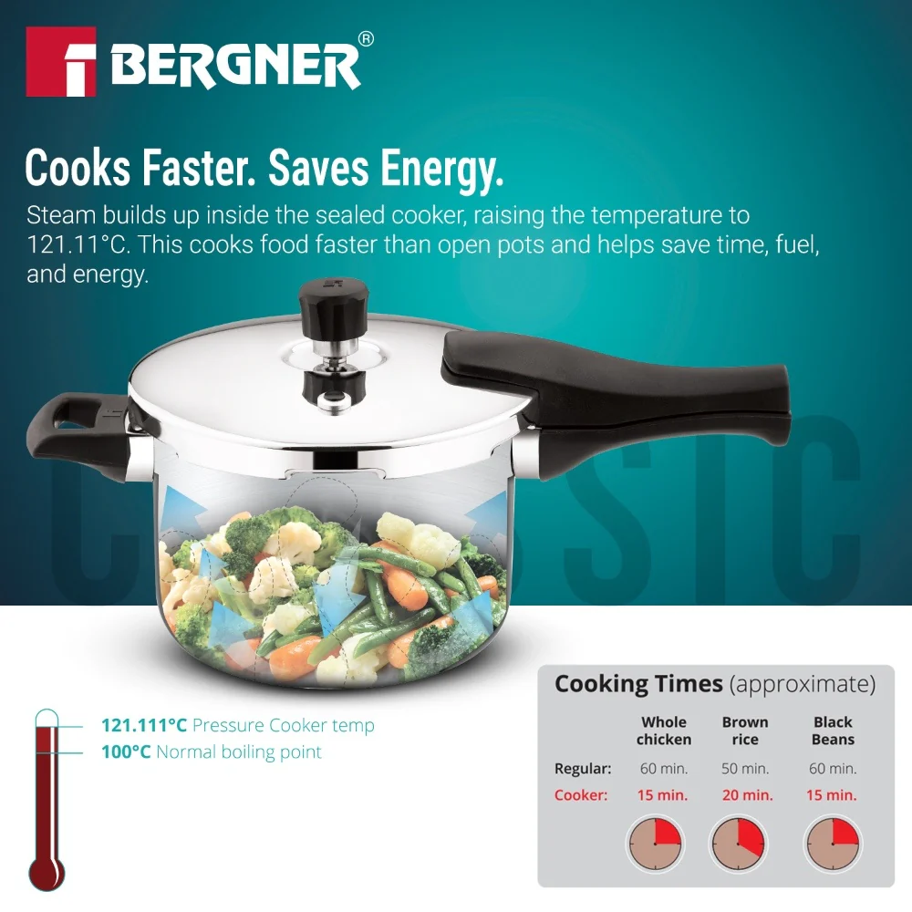 Bergner Argent Classic Triply Pressure Cooker 5.5L | Large Capacity Cooker - Image 4
