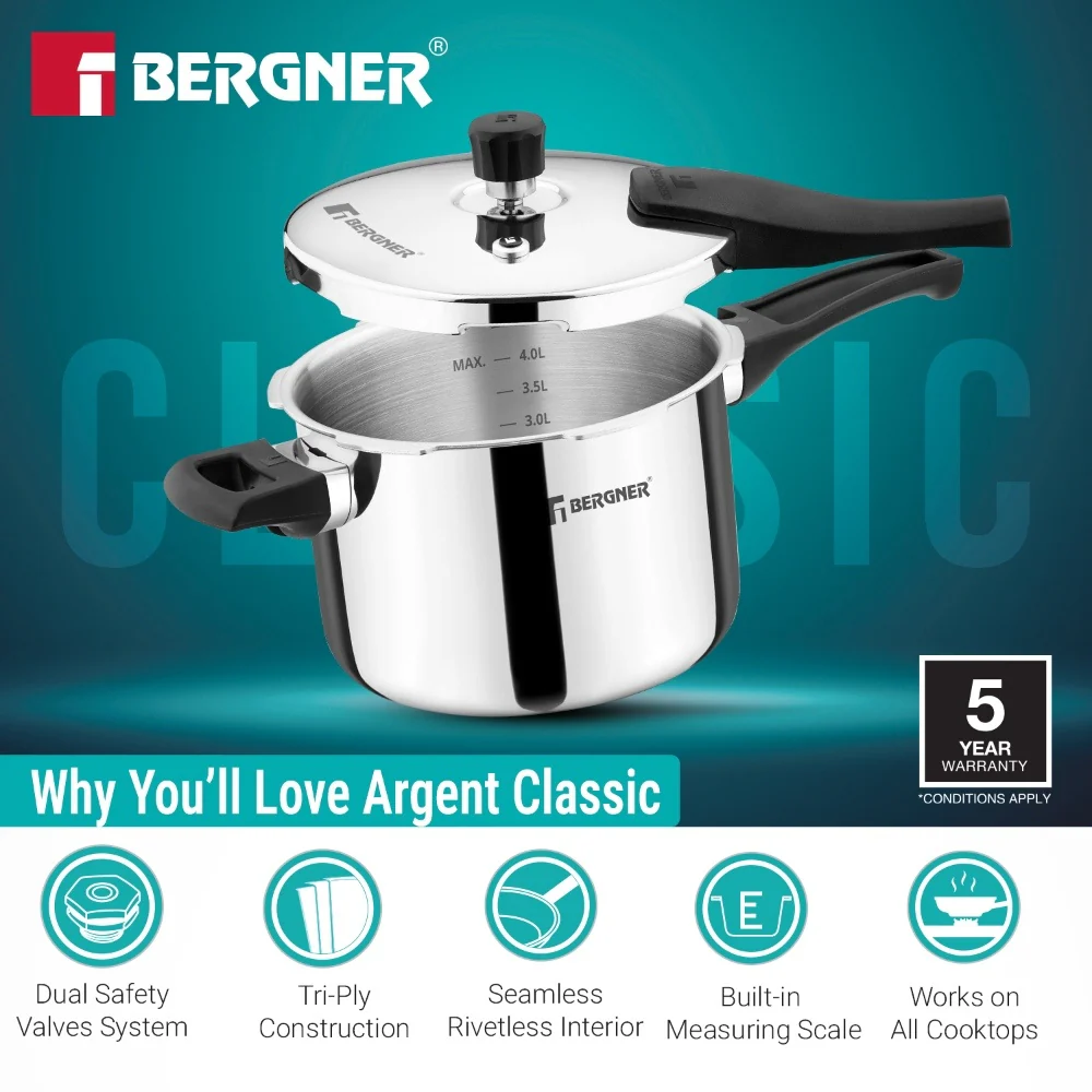 Bergner Argent Classic Triply Pressure Cooker 5.5L | Large Capacity Cooker - Image 6