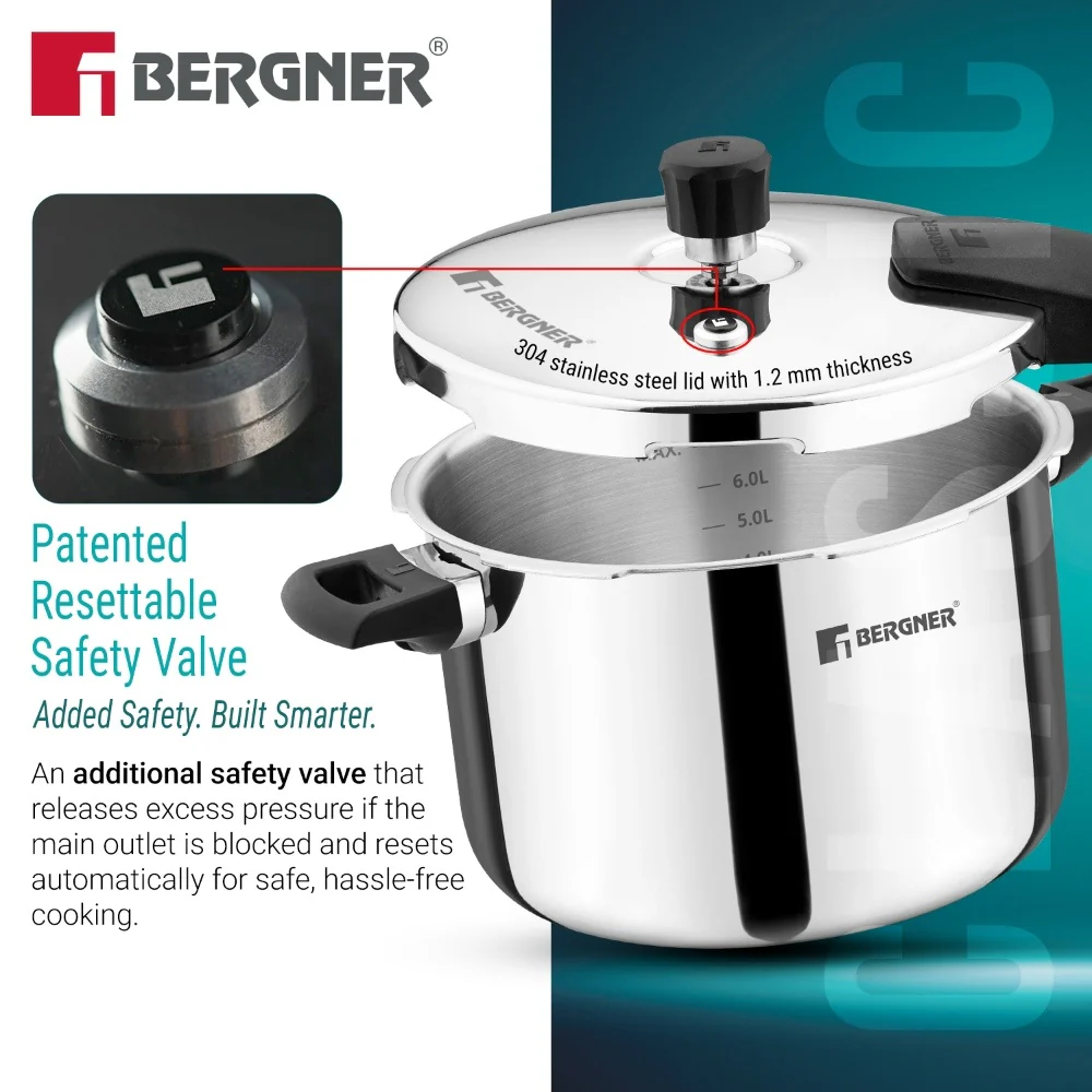 Bergner Argent Classic Triply Pressure Cooker 8L | Extra Large Family Cooker - Image 2