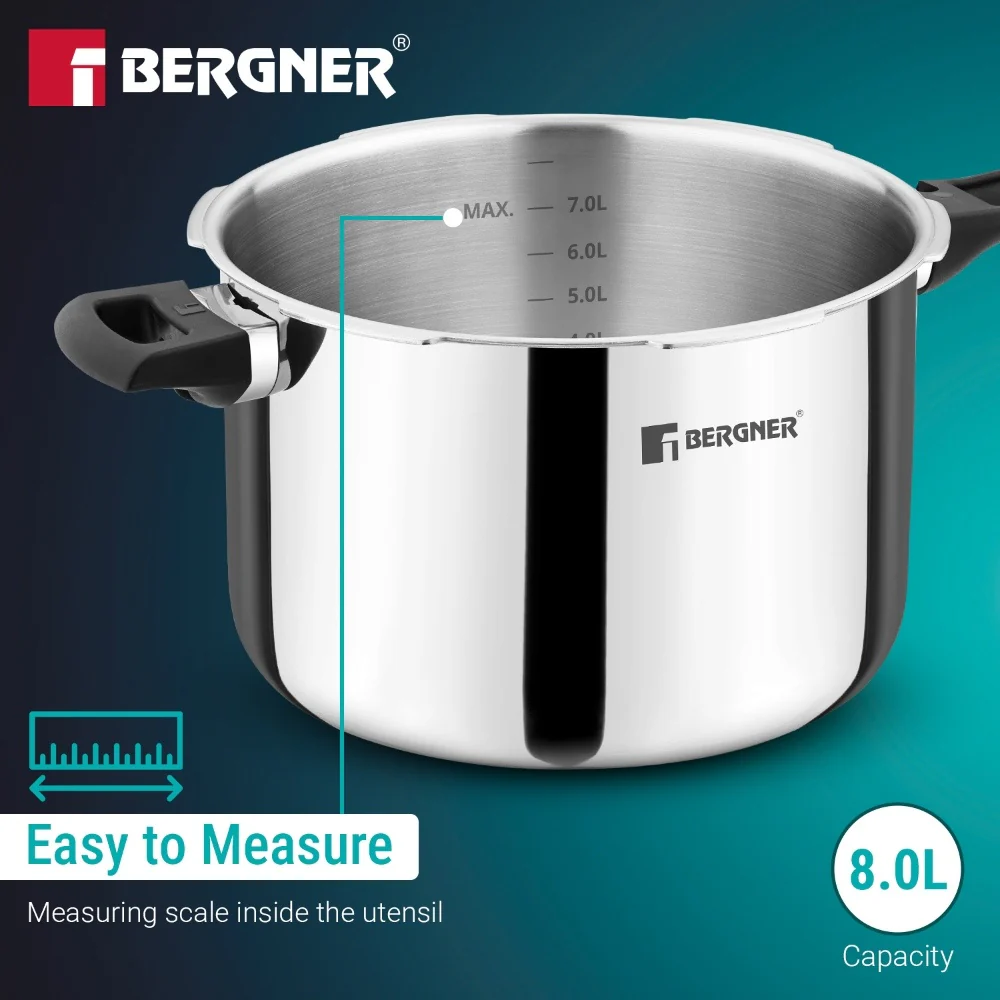 Bergner Argent Classic Triply Pressure Cooker 8L | Extra Large Family Cooker - Image 4