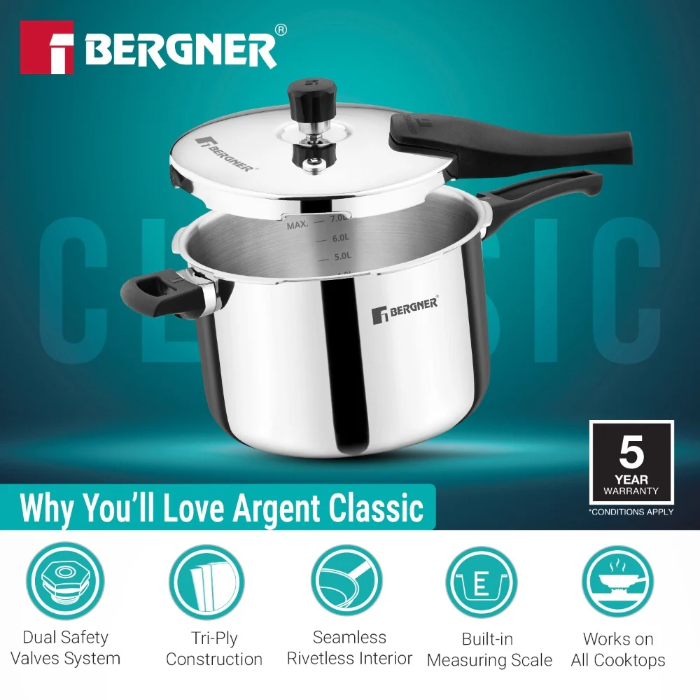 Bergner Argent Classic Triply Pressure Cooker 8L | Extra Large Family Cooker - Image 6