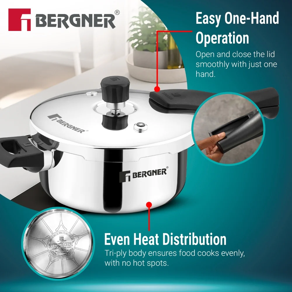 Bergner Argent Classic Triply Pressure Pan 5L | Induction Pressure Pan - Image 3