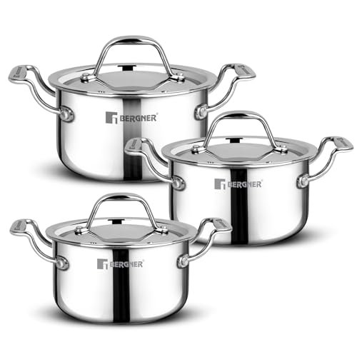 Bergner Argent Junior Chef Triply Mini Casserole Set 6 Pcs - 14cm/1.2L, 16cm/1.6L, 18cm/2L Casseroles and 3 Stainless Steel Lids, Cook and Serve, Less Oil Use - Induction and Gas Stove Ready - Image 2