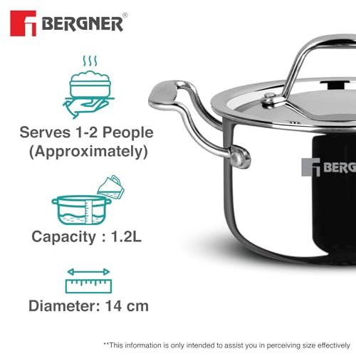Bergner Argent Junior Chef Triply Mini Casserole Set 6 Pcs - 14cm/1.2L, 16cm/1.6L, 18cm/2L Casseroles and 3 Stainless Steel Lids, Cook and Serve, Less Oil Use - Induction and Gas Stove Ready - Image 7