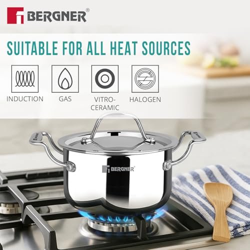 Bergner Argent Junior Chef Triply Mini Casserole Set 6 Pcs - 14cm/1.2L, 16cm/1.6L, 18cm/2L Casseroles and 3 Stainless Steel Lids, Cook and Serve, Less Oil Use - Induction and Gas Stove Ready - Image 6