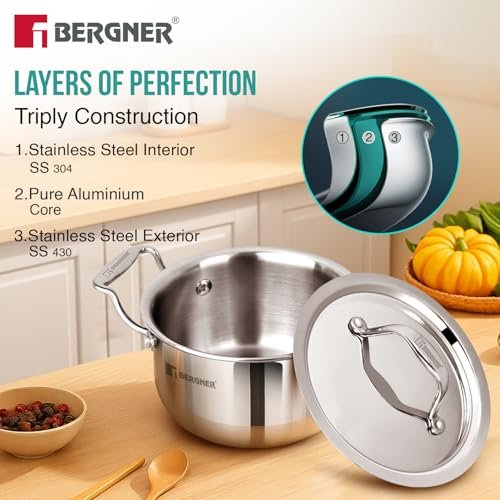 Bergner Argent Junior Chef Triply Mini Casserole Set 6 Pcs - 14cm/1.2L, 16cm/1.6L, 18cm/2L Casseroles and 3 Stainless Steel Lids, Cook and Serve, Less Oil Use - Induction and Gas Stove Ready - Image 4