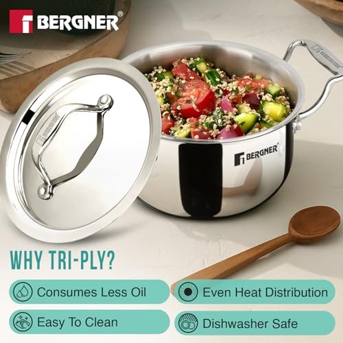 Bergner Argent Junior Chef Triply Mini Casserole Set 6 Pcs - 14cm/1.2L, 16cm/1.6L, 18cm/2L Casseroles and 3 Stainless Steel Lids, Cook and Serve, Less Oil Use - Induction and Gas Stove Ready - Image 5