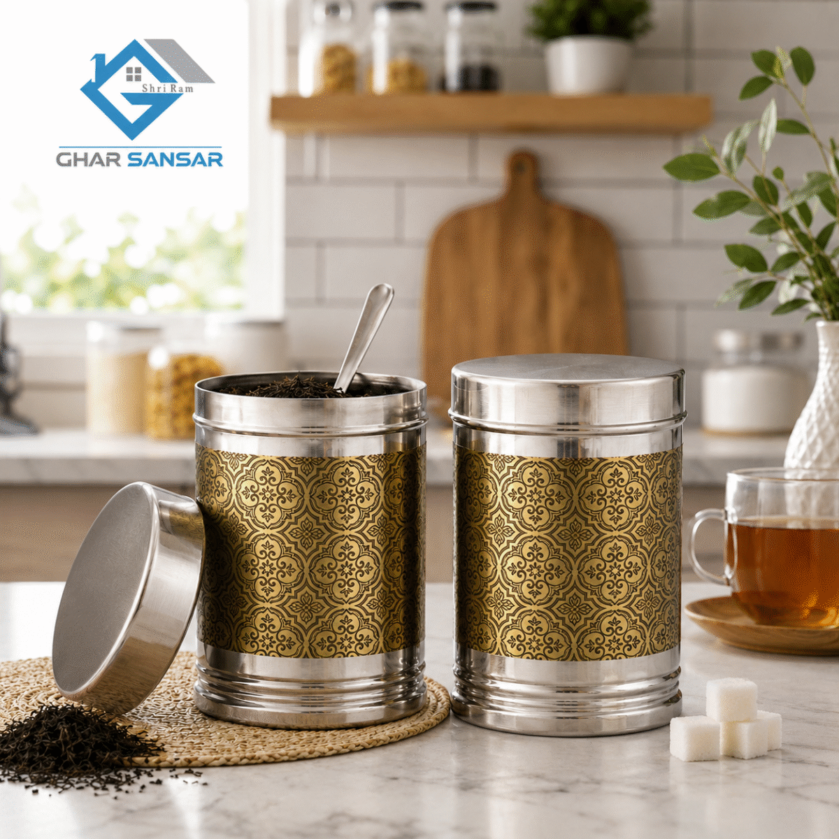 Mirror Stainless Steel Tea & Sugar Container Set with Decorative Print | Food Grade Kitchen Storage Jars (Set of 2)
