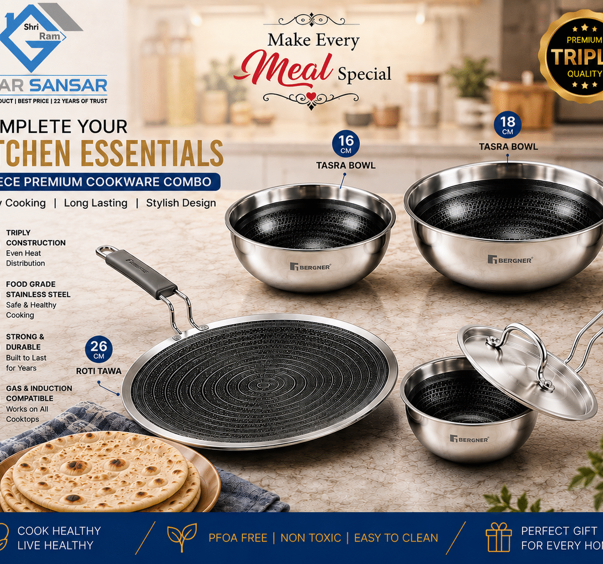 Bergner Tri-Ply Premium 4 Piece Cookware Combo