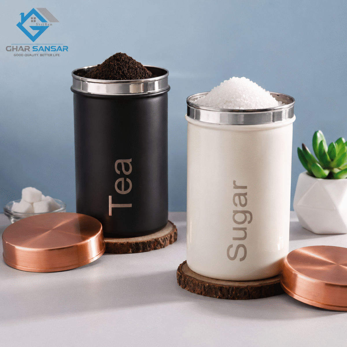 Tea & Sugar Storage Container Set | Stainless Steel Kitchen Storage Jars with Premium Copper Finish Lid | Ghar Sansar