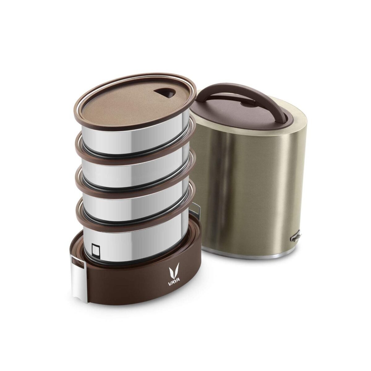 VAYA TYFFYN Jumbo 1300 ml Stainless Steel Lunch Box Without BagMat for Office, Vacuum Insulated Hot Tiffin, Spill-Resistant, 4 Containers with Compartments, Graphite Brown