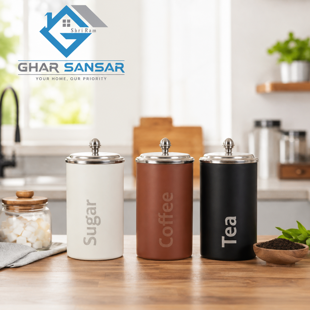 Premium Stainless Steel Tea Coffee Sugar Coffee Container Set (950 ml Each) | Kitchen Storage Canisters | Ghar Sansar
