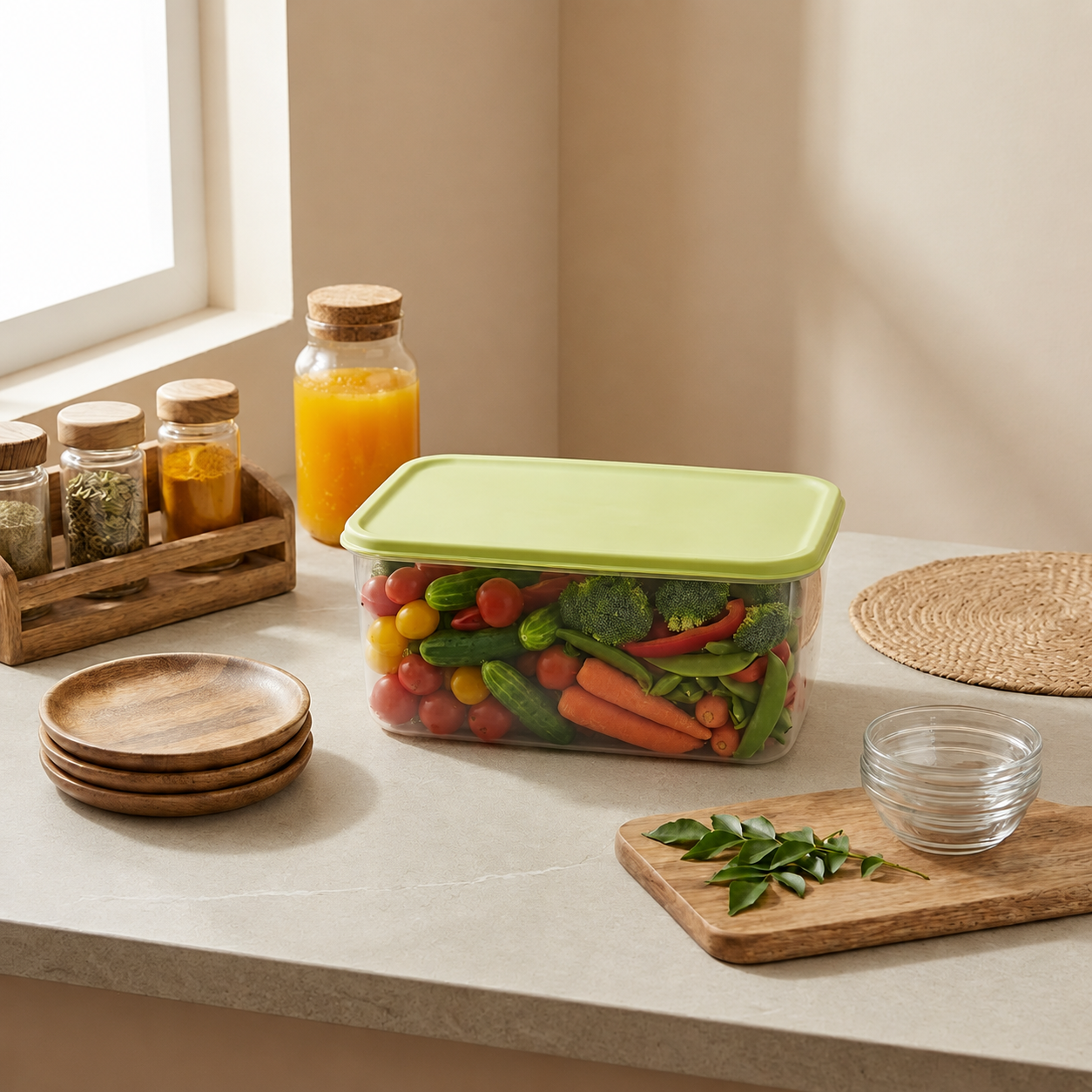 Fresh Block with Drain Tray - 1.3L Freshness Storage Container with Moisture Control & Ethylene Absorption
