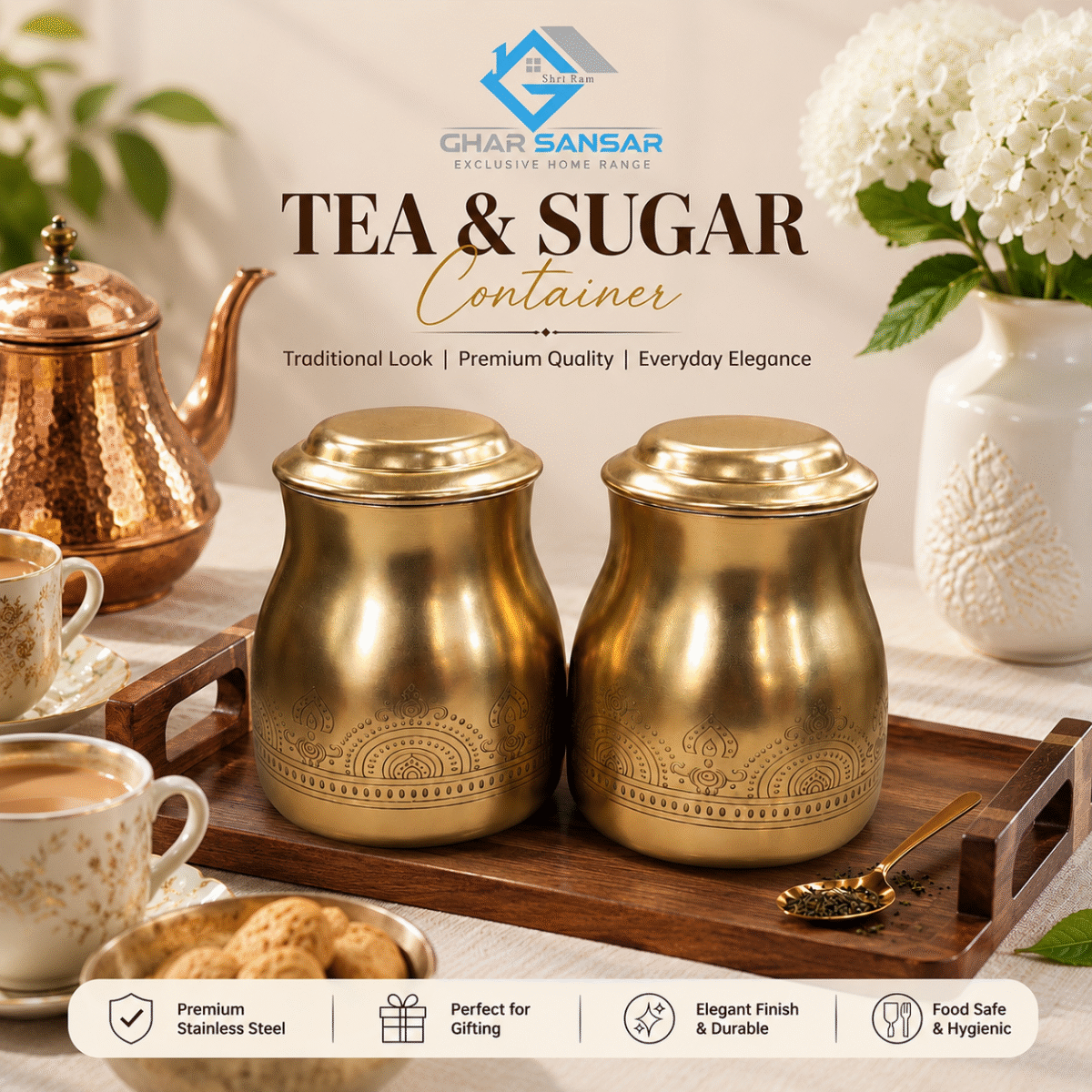 Mirror Premium Stainless Steel Tea & Sugar Container Set with Stainless Steel Interior | Traditional Kitchen Storage Jars