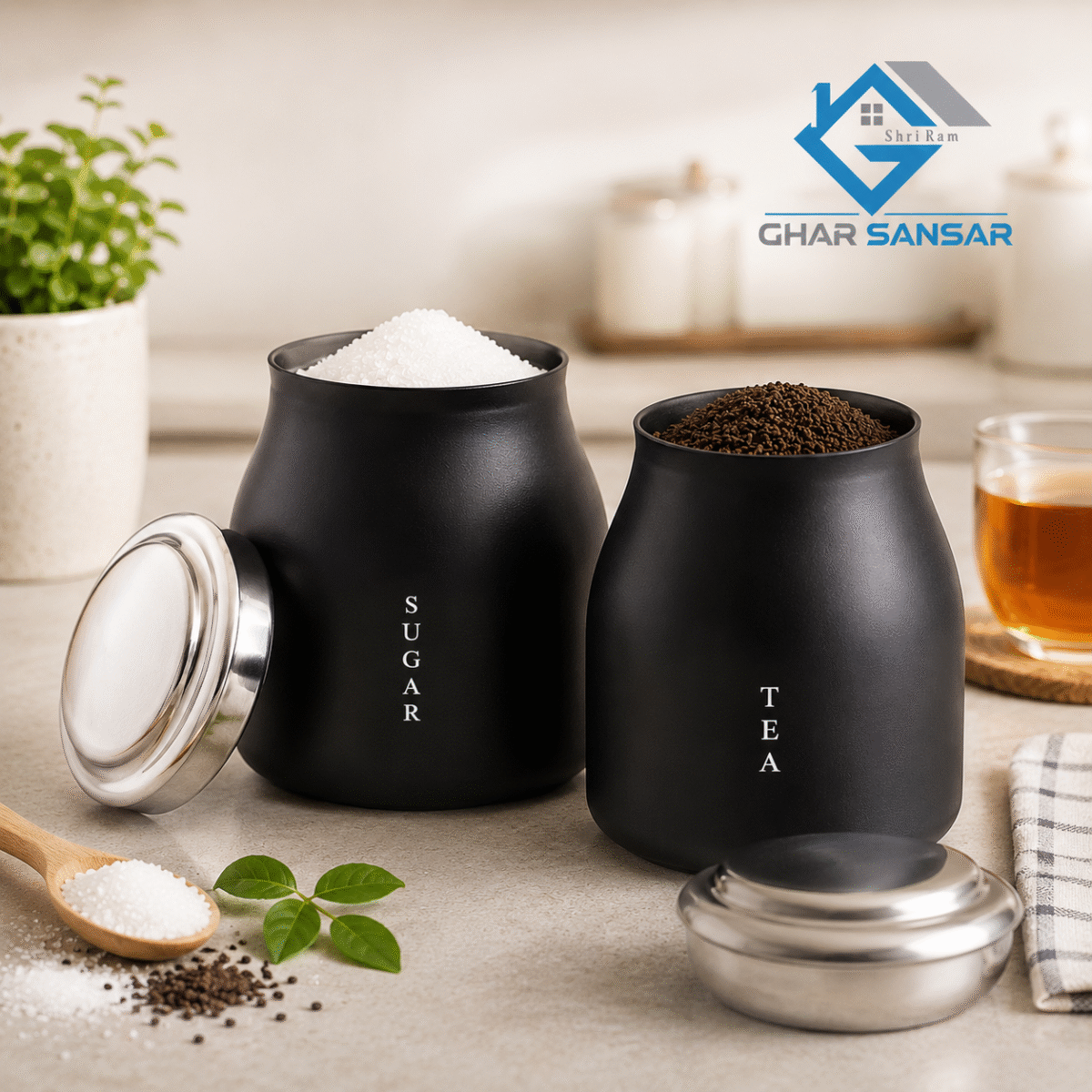 Mirror Premium Tea & Sugar Storage Container Set (750ml Each) | Stainless Steel Kitchen Canisters | Matte Black Food Grade Storage Jars with Steel Lid