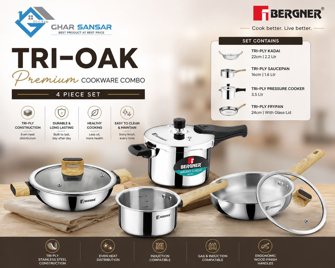 Bergner TRI-Oak Premium Cookware Combo – 4 Piece Set
 ( BG-2533)