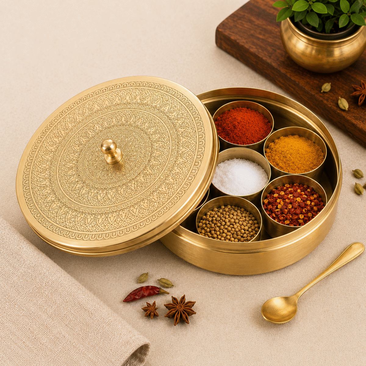 PIPAL Premium Brass Masala Box | Handcrafted Brass Spice Box | Brass Eatching Masala Box