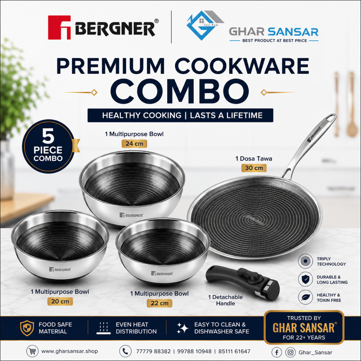 Bergner hi-tech giro 3pcTasla + dosa tawa combo With free detachable handle