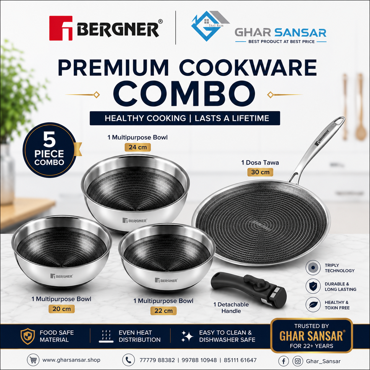 Bergner hi-tech giro 3pcTasla + dosa tawa combo With free detachable handle