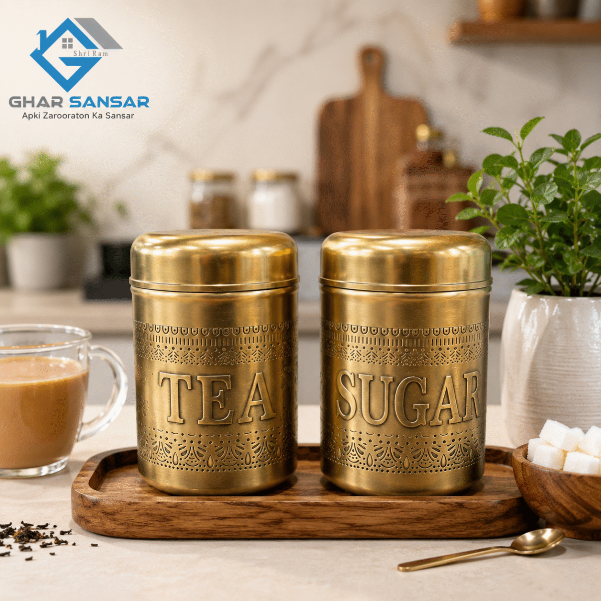 Mirror Gold Antique Finish Tea & Sugar Container Set 950 ml | Stainless Steel Kitchen Storage Jars
