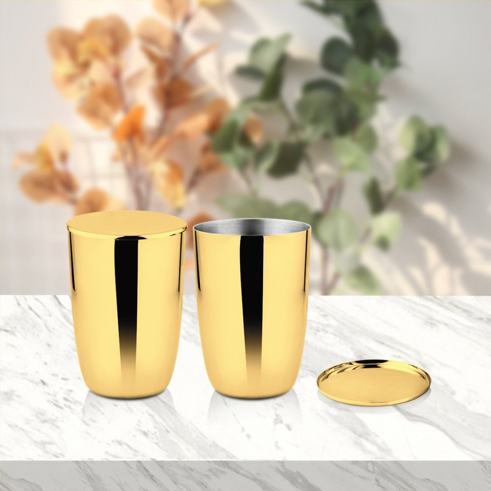 Stainless Steel Gold PVD Coated Glass with Lid (Set of 2)