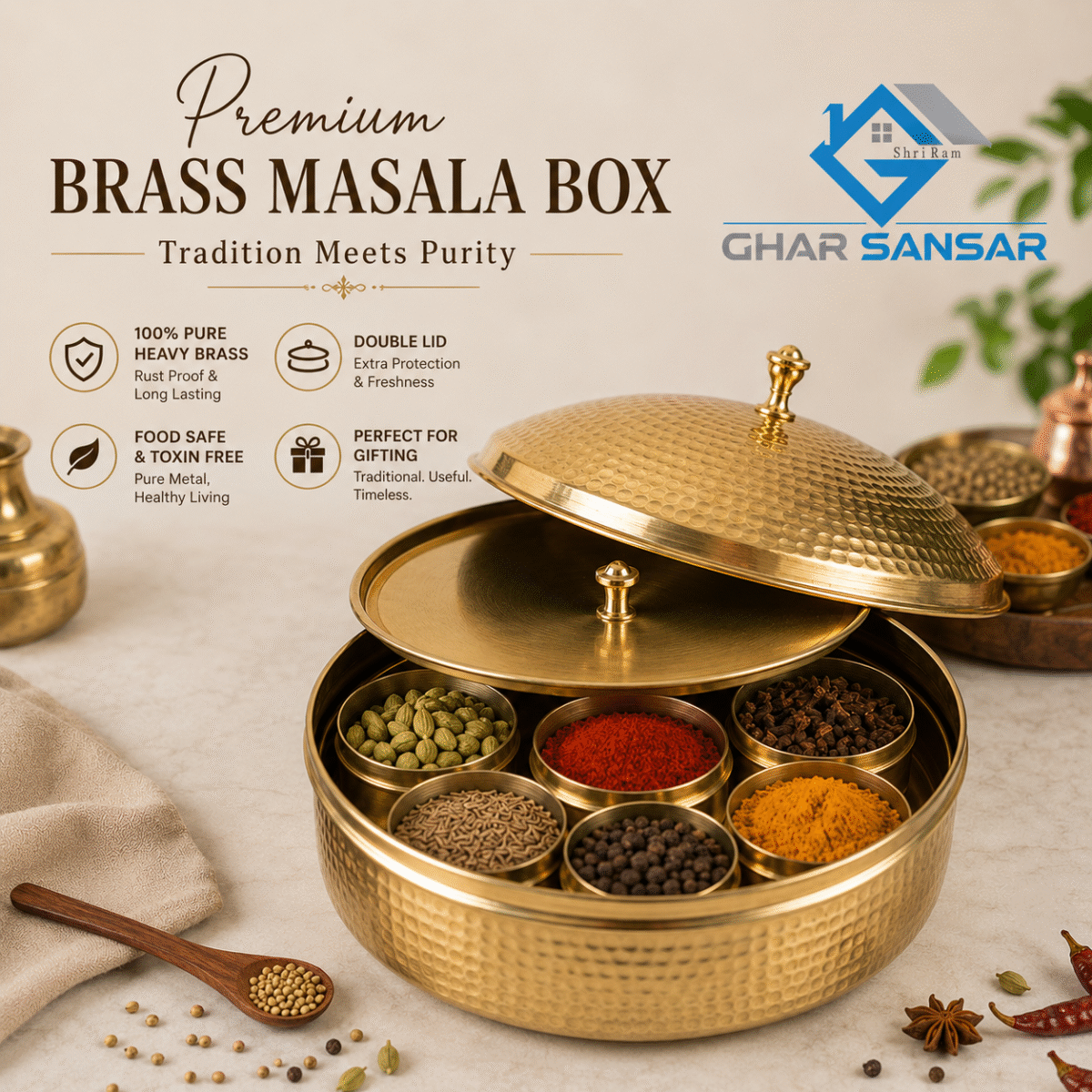 Pure Brass Masala Box with Double Lid & 7 Containers | House & Homes