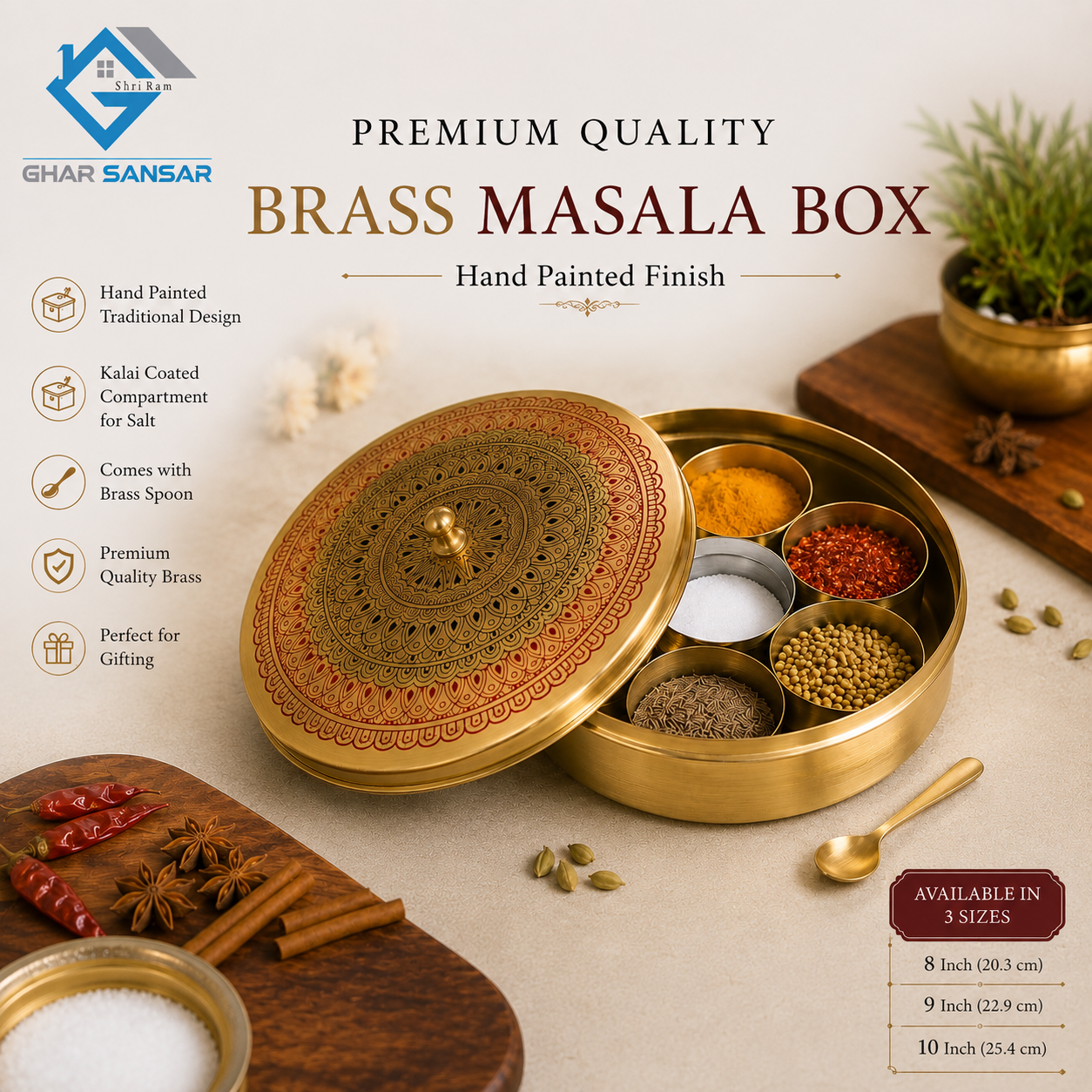 Pipal Brass Masala Box | Hand Painted Masala Dabba & Spice Box