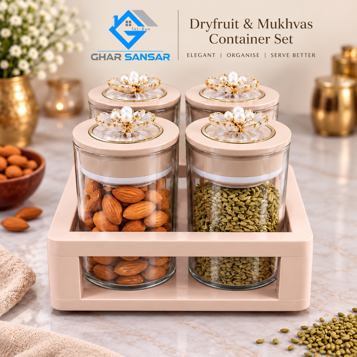 Premium Glass Dry Fruit & Mukhvas Container Set with Decorative Floral Lids – 4 Piece Set ( Pestal Pink)