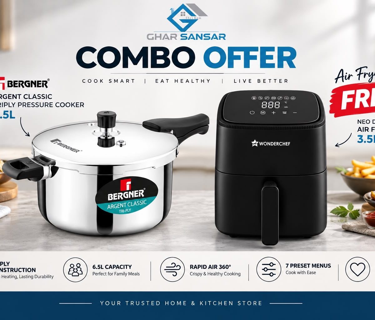 Bergner 6.5L Argent Classic Triply Cooker + Wonderchef 3.5L Digital Air Fryer Combo